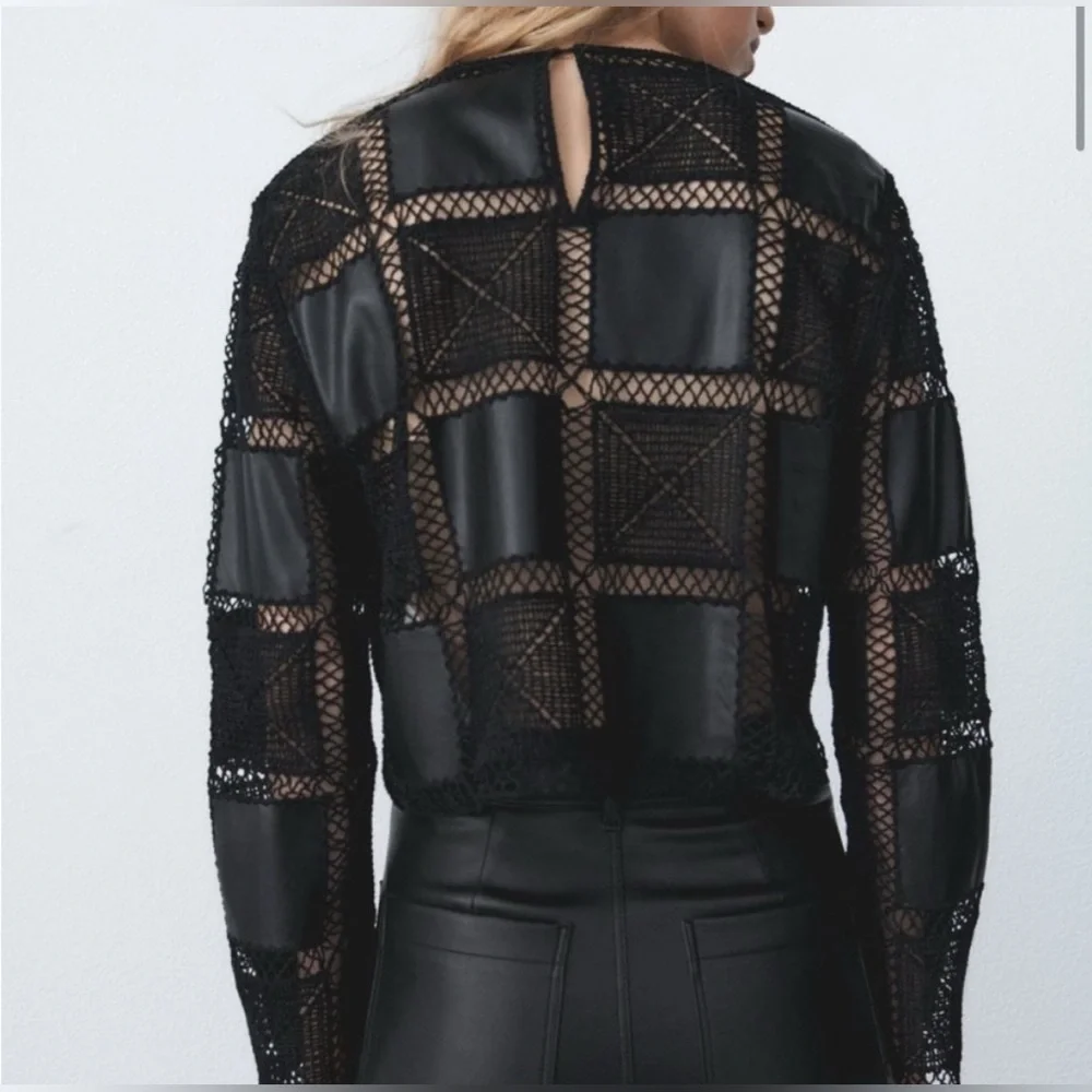 Zara Faux Leather Crochet Long Sleeve Top, Size M